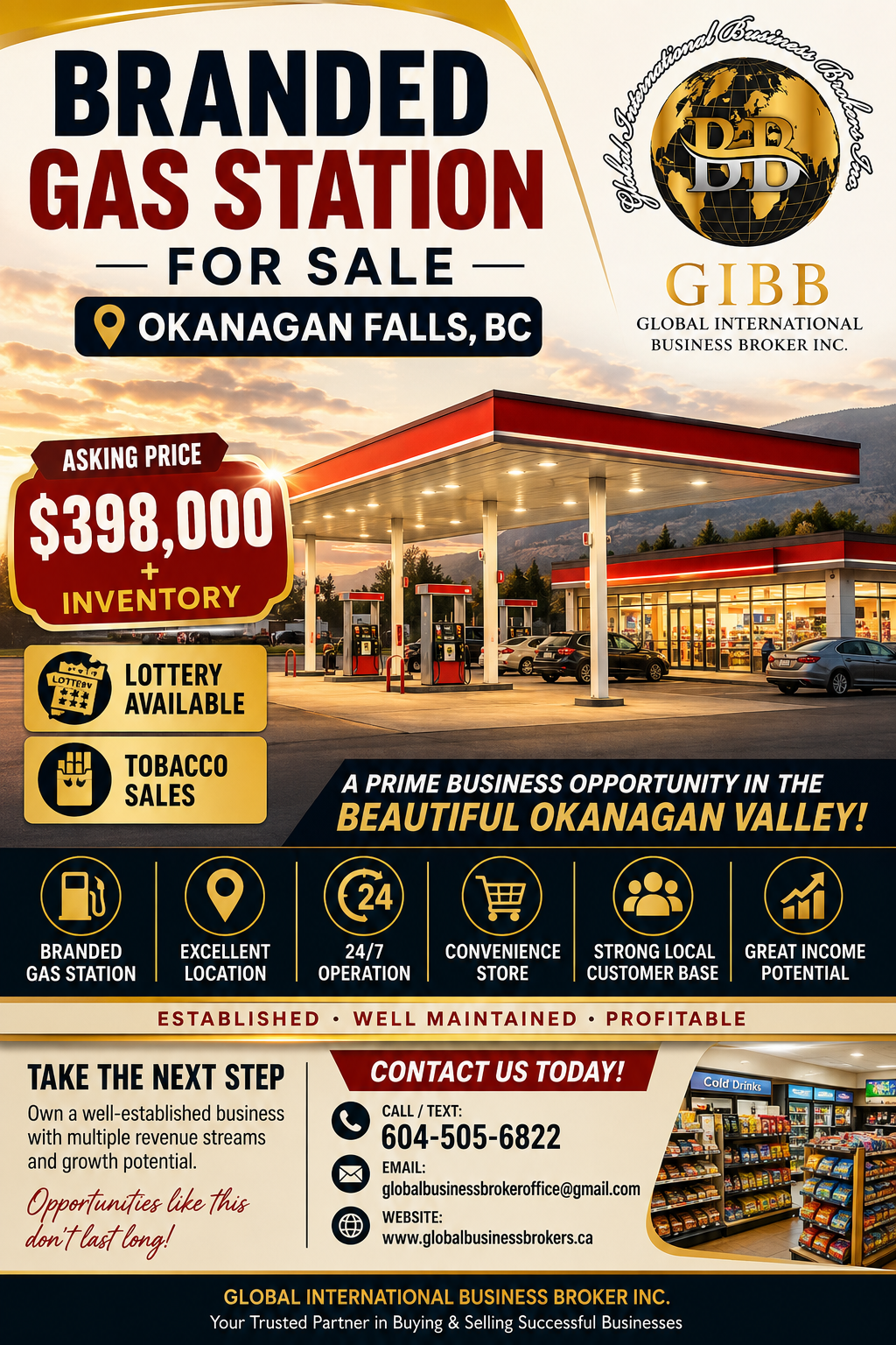 Branded Gas Station + C store for sale in Okanagan Falls, BC
